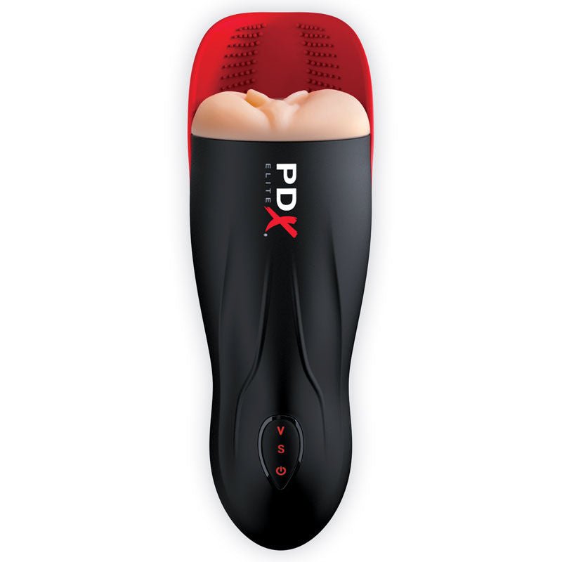 Front view of the PDX Elite Fuck-O-Matic male masturbator without packaging. The sleek design and ergonomic build are visible in detail, on a clean white background. | Flirty Bay adult store Perth
